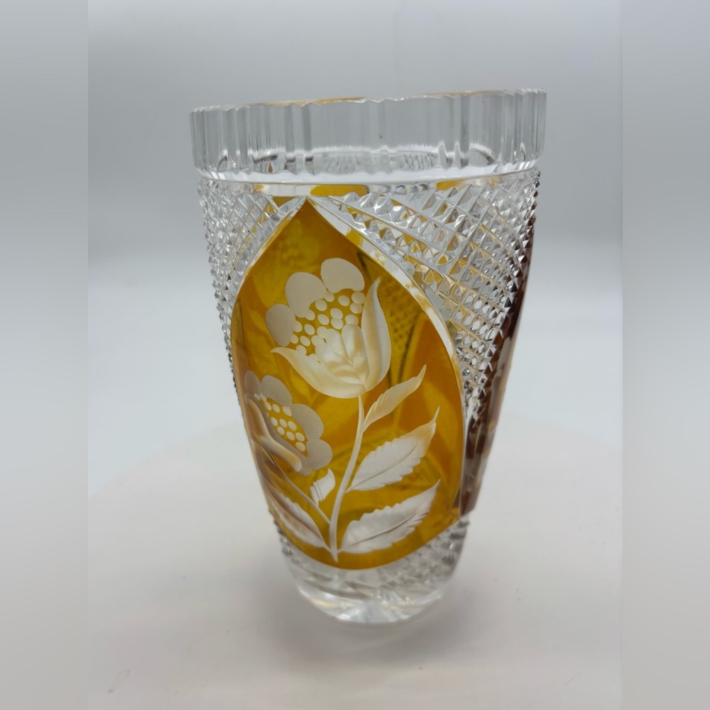 Elegant Bohemian Cut To Clear Crystal Vase  Amber Floral Design